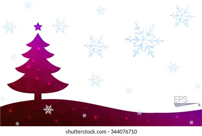 Blue, red postcard low polygon style christmas tree vector illustration consisting of triangles. Abstract polygonal origami or crystal design of New Years celebration. Isolated on white background.