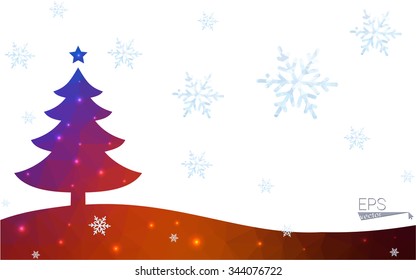 Blue, red postcard low polygon style christmas tree vector illustration consisting of triangles. Abstract polygonal origami or crystal design of New Years celebration. Isolated on white background.