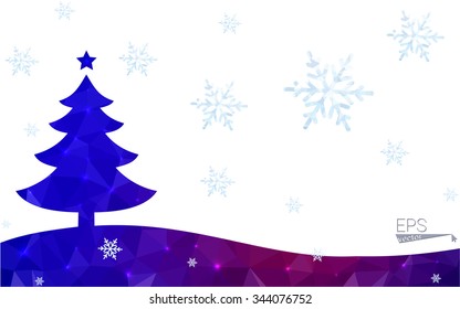 Blue, red postcard low polygon style christmas tree vector illustration consisting of triangles. Abstract polygonal origami or crystal design of New Years celebration. Isolated on white background.