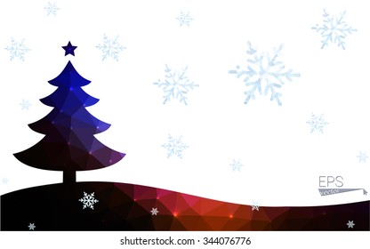 Blue, red postcard low polygon style christmas tree vector illustration consisting of triangles. Abstract polygonal origami or crystal design of New Years celebration. Isolated on white background.