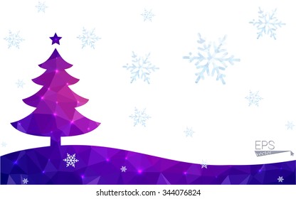 Blue, red postcard low polygon style christmas tree vector illustration consisting of triangles. Abstract polygonal origami or crystal design of New Years celebration. Isolated on white background.