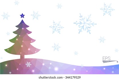 Blue, red postcard low polygon style christmas tree vector illustration consisting of triangles. Abstract polygonal origami or crystal design of New Years celebration. Isolated on white background.