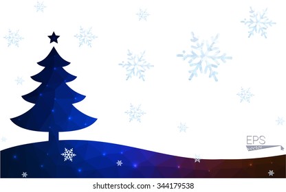 Blue, red postcard low polygon style christmas tree vector illustration consisting of triangles. Abstract polygonal origami or crystal design of New Years celebration. Isolated on white background.