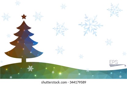 Blue, red postcard low polygon style christmas tree vector illustration consisting of triangles. Abstract polygonal origami or crystal design of New Years celebration. Isolated on white background.