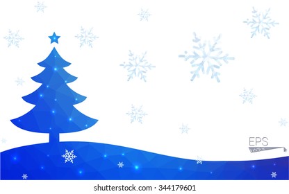 Blue, red postcard low polygon style christmas tree vector illustration consisting of triangles. Abstract polygonal origami or crystal design of New Years celebration. Isolated on white background.