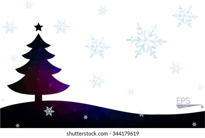 Blue, red postcard low polygon style christmas tree vector illustration consisting of triangles. Abstract polygonal origami or crystal design of New Years celebration. Isolated on white background.