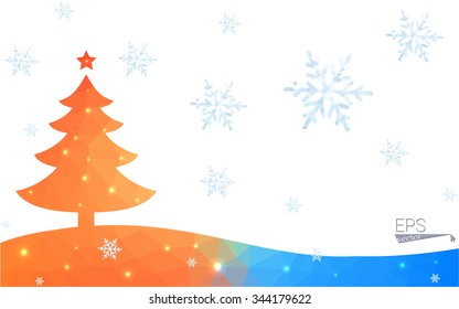 Blue, red postcard low polygon style christmas tree vector illustration consisting of triangles. Abstract polygonal origami or crystal design of New Years celebration. Isolated on white background.