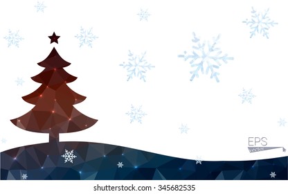 Blue, red postcard low polygon style christmas tree vector illustration consisting of triangles. Abstract polygonal origami or crystal design of New Years celebration. Isolated on white background.