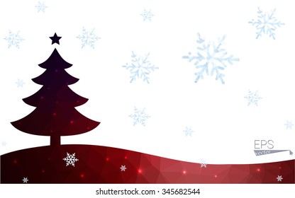 Blue, red postcard low polygon style christmas tree vector illustration consisting of triangles. Abstract polygonal origami or crystal design of New Years celebration. Isolated on white background.