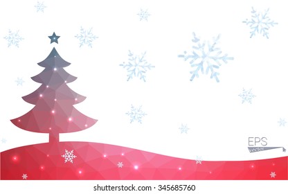 Blue, red postcard low polygon style christmas tree vector illustration consisting of triangles. Abstract polygonal origami or crystal design of New Years celebration. Isolated on white background.