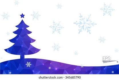 Blue, red postcard low polygon style christmas tree vector illustration consisting of triangles. Abstract polygonal origami or crystal design of New Years celebration. Isolated on white background.