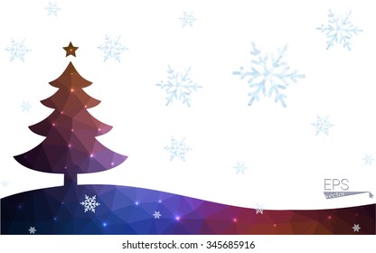 Blue, red postcard low polygon style christmas tree vector illustration consisting of triangles. Abstract polygonal origami or crystal design of New Years celebration. Isolated on white background.