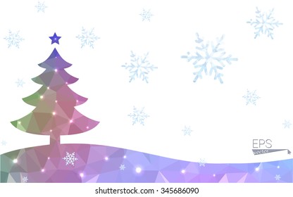 Blue, red postcard low polygon style christmas tree vector illustration consisting of triangles. Abstract polygonal origami or crystal design of New Years celebration. Isolated on white background.