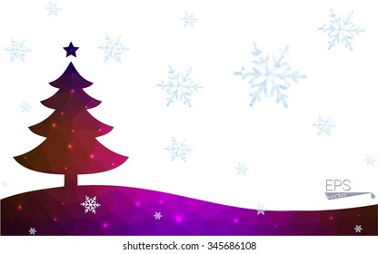 Blue, red postcard low polygon style christmas tree vector illustration consisting of triangles. Abstract polygonal origami or crystal design of New Years celebration. Isolated on white background.