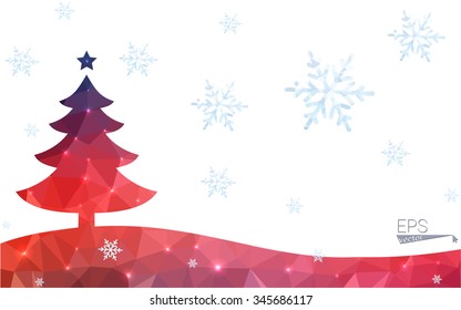 Blue, red postcard low polygon style christmas tree vector illustration consisting of triangles. Abstract polygonal origami or crystal design of New Years celebration. Isolated on white background.