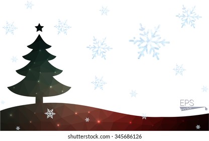 Blue, red postcard low polygon style christmas tree vector illustration consisting of triangles. Abstract polygonal origami or crystal design of New Years celebration. Isolated on white background.