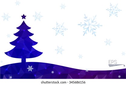 Blue, red postcard low polygon style christmas tree vector illustration consisting of triangles. Abstract polygonal origami or crystal design of New Years celebration. Isolated on white background.
