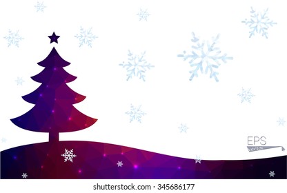 Blue, red postcard low polygon style christmas tree vector illustration consisting of triangles. Abstract polygonal origami or crystal design of New Years celebration. Isolated on white background.