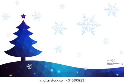 Blue, red postcard low polygon style christmas tree vector illustration consisting of triangles. Abstract polygonal origami or crystal design of New Years celebration. Isolated on white background.
