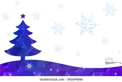 Blue, red postcard low polygon style christmas tree vector illustration consisting of triangles. Abstract polygonal origami or crystal design of New Years celebration. Isolated on white background.