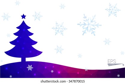 Blue, red postcard low polygon style christmas tree vector illustration consisting of triangles. Abstract polygonal origami or crystal design of New Years celebration. Isolated on white background.