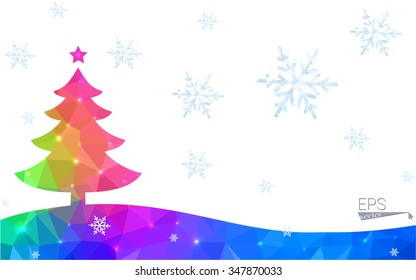Blue, red postcard low polygon style christmas tree vector illustration consisting of triangles. Abstract polygonal origami or crystal design of New Years celebration. Isolated on white background.