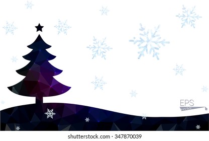 Blue, red postcard low polygon style christmas tree vector illustration consisting of triangles. Abstract polygonal origami or crystal design of New Years celebration. Isolated on white background.