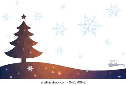 Blue, red postcard low polygon style christmas tree vector illustration consisting of triangles. Abstract polygonal origami or crystal design of New Years celebration. Isolated on white background.