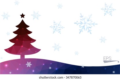 Blue, red postcard low polygon style christmas tree vector illustration consisting of triangles. Abstract polygonal origami or crystal design of New Years celebration. Isolated on white background.