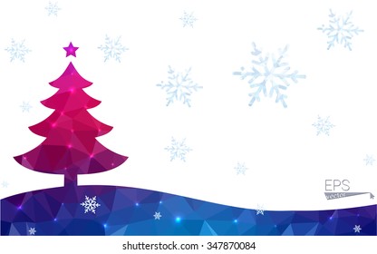 Blue, red postcard low polygon style christmas tree vector illustration consisting of triangles. Abstract polygonal origami or crystal design of New Years celebration. Isolated on white background.