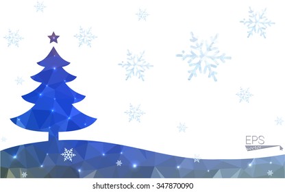 Blue, red postcard low polygon style christmas tree vector illustration consisting of triangles. Abstract polygonal origami or crystal design of New Years celebration. Isolated on white background.