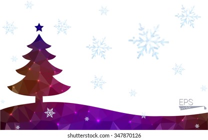 Blue, red postcard low polygon style christmas tree vector illustration consisting of triangles. Abstract polygonal origami or crystal design of New Years celebration. Isolated on white background.
