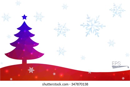 Blue, red postcard low polygon style christmas tree vector illustration consisting of triangles. Abstract polygonal origami or crystal design of New Years celebration. Isolated on white background.
