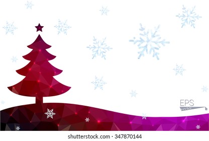 Blue, red postcard low polygon style christmas tree vector illustration consisting of triangles. Abstract polygonal origami or crystal design of New Years celebration. Isolated on white background.