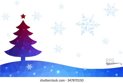Blue, red postcard low polygon style christmas tree vector illustration consisting of triangles. Abstract polygonal origami or crystal design of New Years celebration. Isolated on white background.