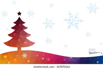 Blue, red postcard low polygon style christmas tree vector illustration consisting of triangles. Abstract polygonal origami or crystal design of New Years celebration. Isolated on white background.