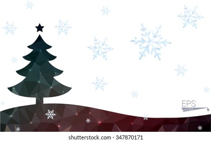 Blue, red postcard low polygon style christmas tree vector illustration consisting of triangles. Abstract polygonal origami or crystal design of New Years celebration. Isolated on white background.