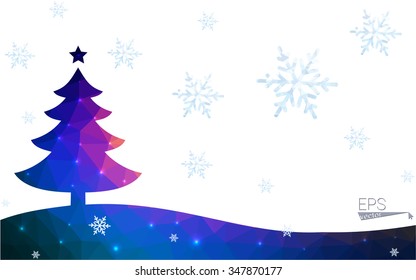 Blue, red postcard low polygon style christmas tree vector illustration consisting of triangles. Abstract polygonal origami or crystal design of New Years celebration. Isolated on white background.