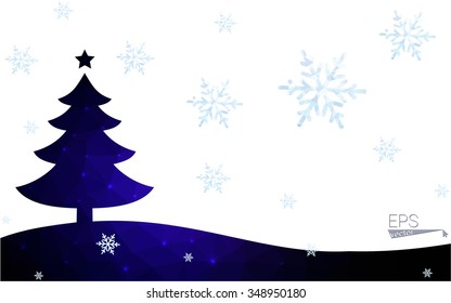 Blue, red postcard low polygon style christmas tree vector illustration consisting of triangles. Abstract polygonal origami or crystal design of New Years celebration. Isolated on white background.