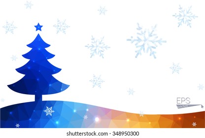 Blue, red postcard low polygon style christmas tree vector illustration consisting of triangles. Abstract polygonal origami or crystal design of New Years celebration. Isolated on white background.