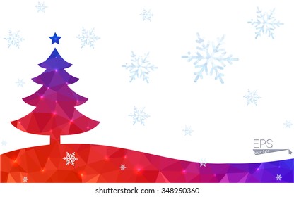 Blue, red postcard low polygon style christmas tree vector illustration consisting of triangles. Abstract polygonal origami or crystal design of New Years celebration. Isolated on white background.