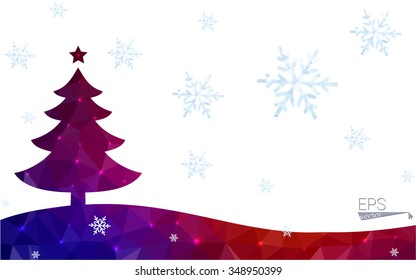 Blue, red postcard low polygon style christmas tree vector illustration consisting of triangles. Abstract polygonal origami or crystal design of New Years celebration. Isolated on white background.