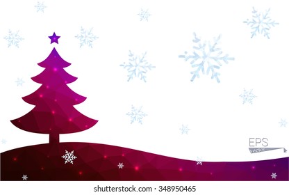 Blue, red postcard low polygon style christmas tree vector illustration consisting of triangles. Abstract polygonal origami or crystal design of New Years celebration. Isolated on white background.