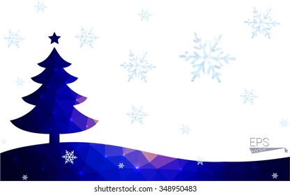 Blue, red postcard low polygon style christmas tree vector illustration consisting of triangles. Abstract polygonal origami or crystal design of New Years celebration. Isolated on white background.