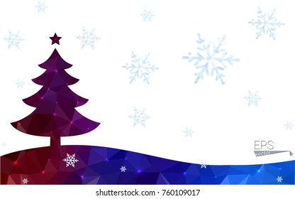 Blue, red postcard low polygon style christmas tree vector illustration consisting of triangles. Abstract polygonal origami or crystal design of New Years celebration. Isolated on white background.