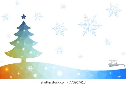 Blue, red postcard low polygon style christmas tree vector illustration consisting of triangles. Abstract polygonal origami or crystal design of New Years celebration. Isolated on white background.