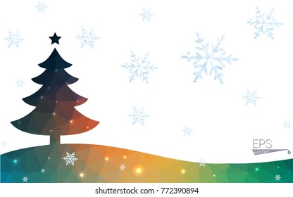 Blue, red postcard low polygon style christmas tree vector illustration consisting of triangles. Abstract polygonal origami or crystal design of New Years celebration. Isolated on white background.