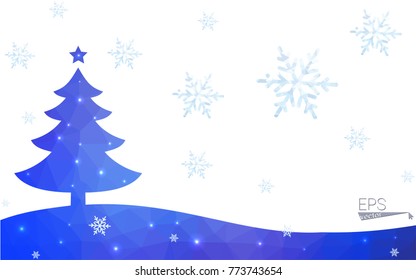 Blue, red postcard low polygon style christmas tree vector illustration consisting of triangles. Abstract polygonal origami or crystal design of New Years celebration. Isolated on white background.