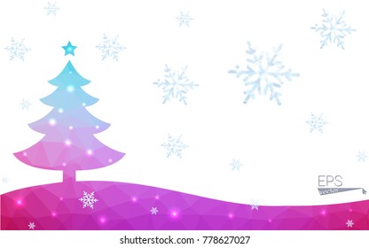 Blue, red postcard low polygon style christmas tree vector illustration consisting of triangles. Abstract polygonal origami or crystal design of New Years celebration. Isolated on white background.