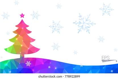 Blue, red postcard low polygon style christmas tree vector illustration consisting of triangles. Abstract polygonal origami or crystal design of New Years celebration. Isolated on white background.
